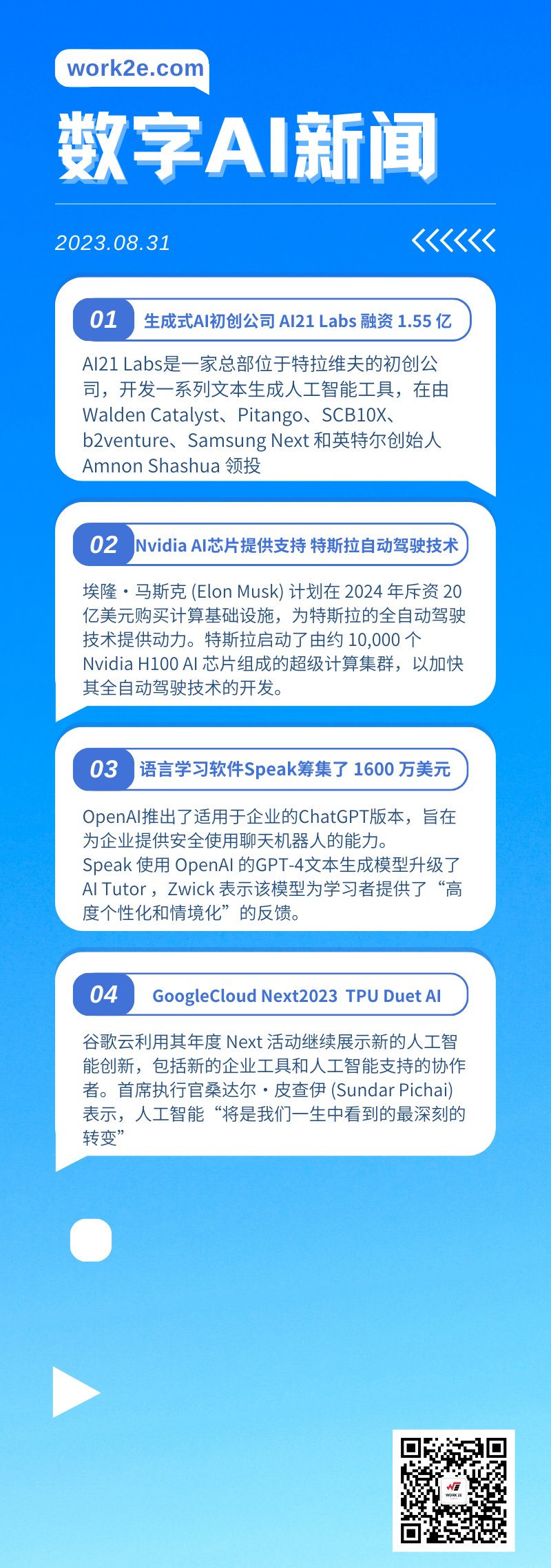 【08/31】work2e数字AI新闻-Nvidia AI芯片 支持特斯拉自动驾驶技术，语言学习软件 Speak 筹集了 1600 万美元，生成式人工智能初创公司 AI21 Labs 融资 1.55 亿美元
