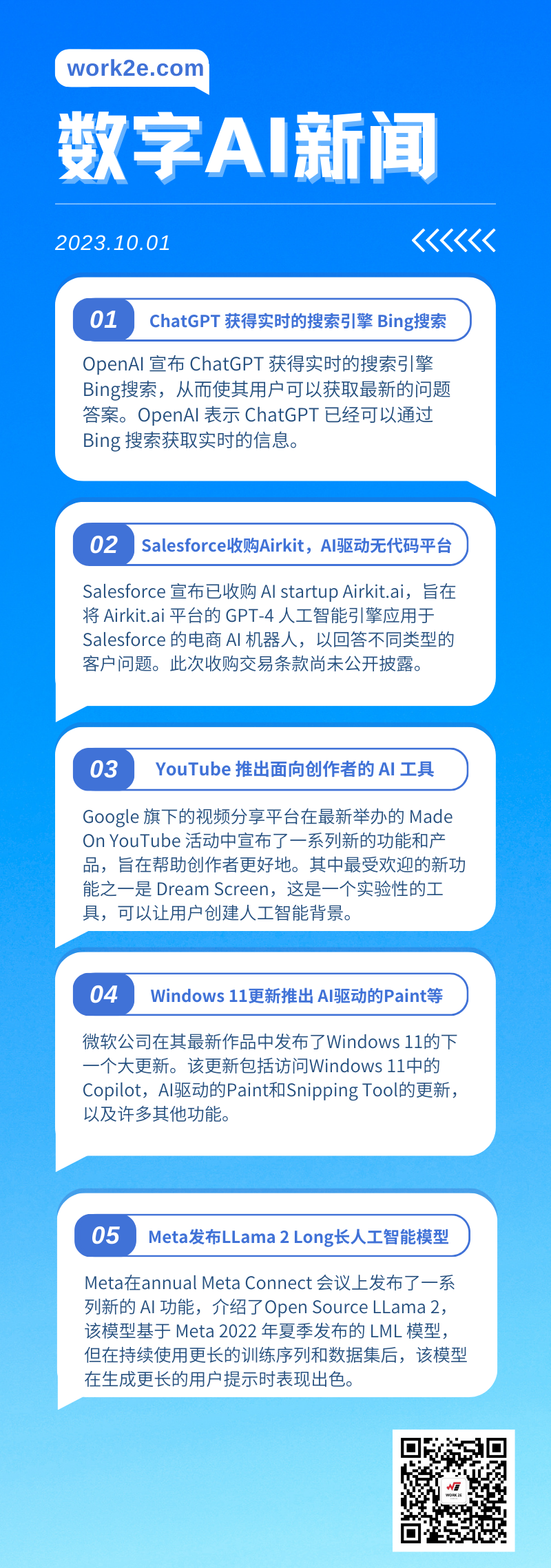 【10/01】work2e数字AI新闻- ChatGPT 获得实时的搜索引擎Bing，Airkit GPT-4驱动的电子商务无代码平台，Meta发布LLama 2 Long长人工智能模型