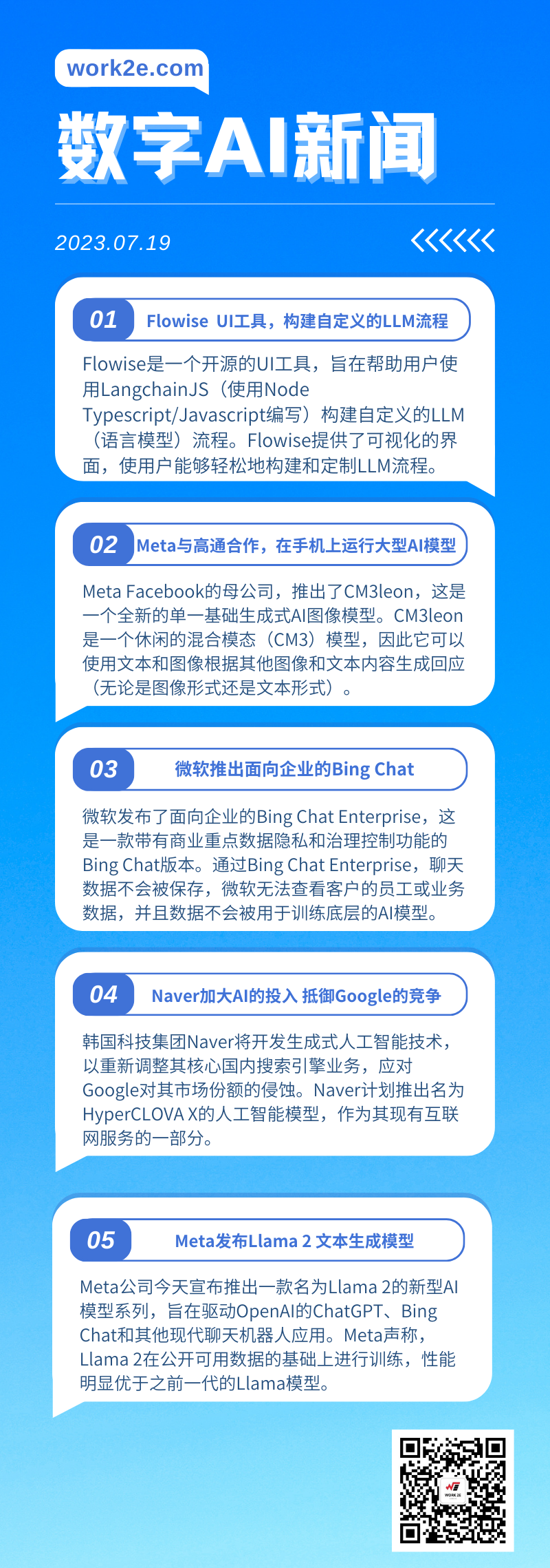 【07/19】work2e数字AI新闻-微软推出企业Bing Chat,Meta与高通合作手机上运行AI模型,Flowise开源UI工具构建LLM流程 【07/19】work2e数字AI新闻-微软推出企业Bing Chat,Meta与高通合作手机上运行AI模型,Flowise开源UI工具构建LLM流程