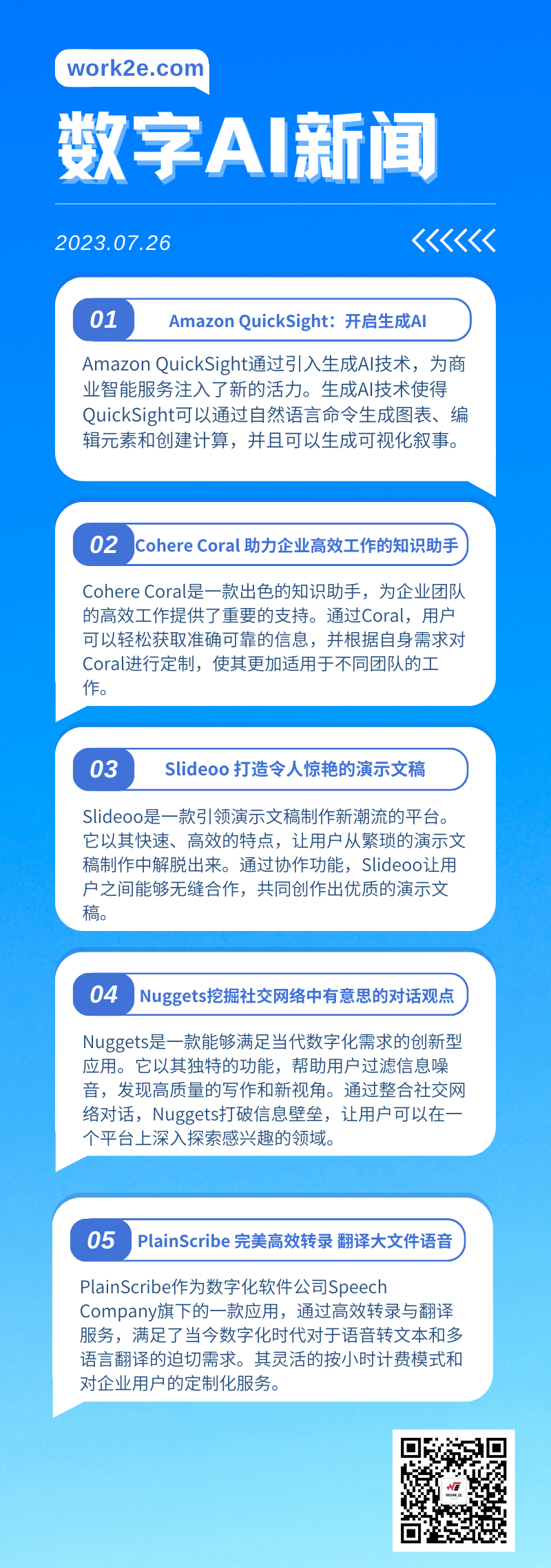 【07/26】work2e数字AI新闻-Amazon QuickSight 开启生成AI,PlainScribe完美高效转录大文件,Cohere Coral 助力企业团队高效工作的知识助手 【07/26】work2e数字AI新闻-Amazon QuickSight 开启生成AI,PlainScribe完美高效转录大文件,Cohere Coral 助力企业团队高效工作的知识助手