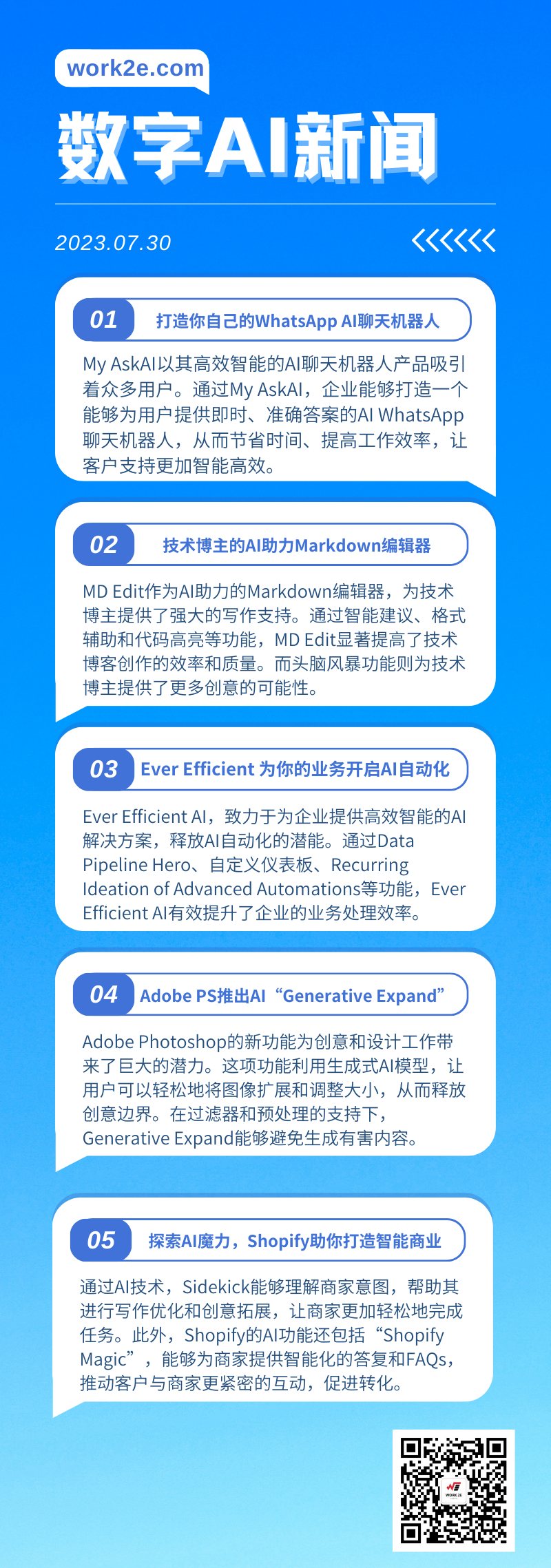 【07/30】work2e数字AI新闻-Adobe PS推出AI功能“Generative Expand”,Shopify助你打造AI智能商业,技术博主的AI Markdown编辑器 【07/30】work2e数字AI新闻-Adobe PS推出AI功能“Generative Expand”,Shopify助你打造AI智能商业,技术博主的AI Markdown编辑器