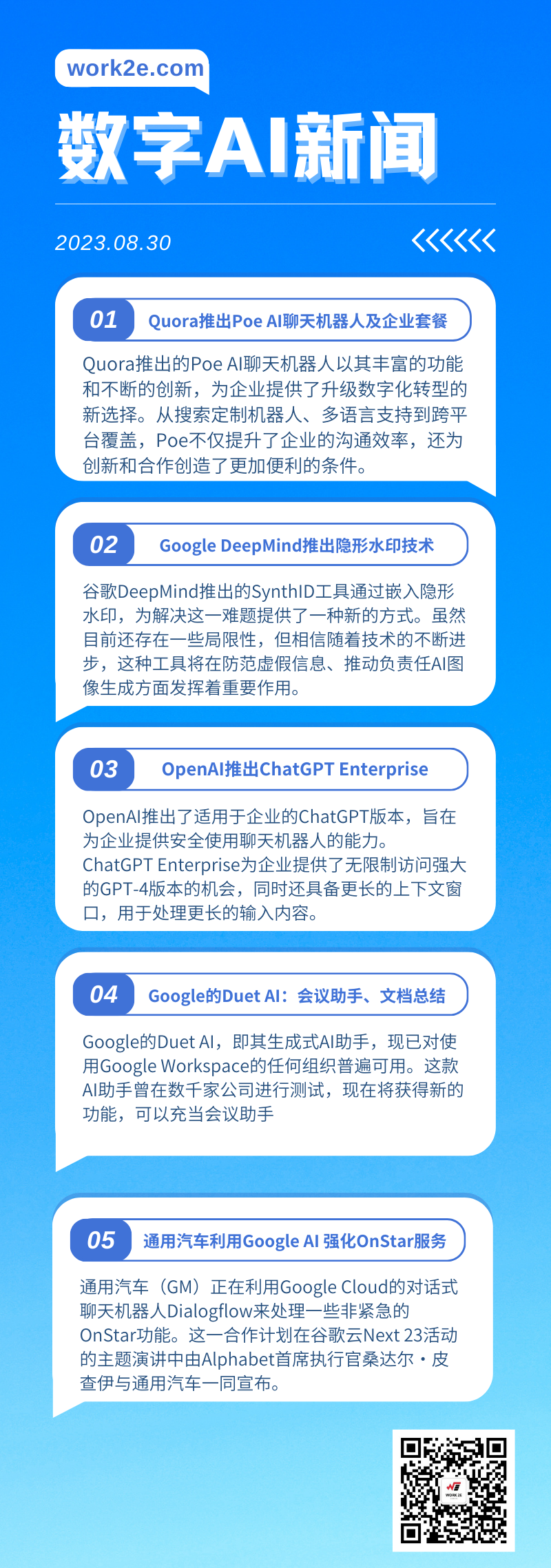 【08/30】work2e数字AI新闻-Quora推出Poe AI聊天机器人及企业套餐,Google DeepMind推出隐形水印技术 保障AI图像真实性,OpenAI推出ChatGPT Enterprise赋予数据掌控权 【08/30】work2e数字AI新闻-Quora推出Poe AI聊天机器人及企业套餐,Google DeepMind推出隐形水印技术 保障AI图像真实性,OpenAI推出ChatGPT Enterprise赋予数据掌控权