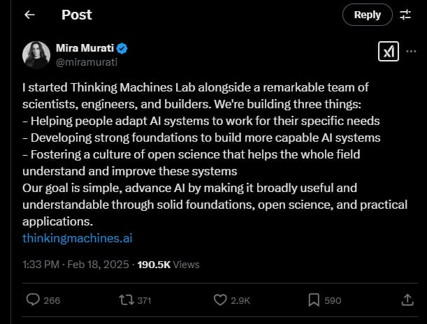 前沿AI新闻 OpenAI前CTO Thinking Machines Lab正式官宣;xAI发布Grok 3大模型;Talus AI装上“区块链大脑”;Zillow用AI写代码,零工程师参与 前沿AI新闻 OpenAI前CTO Thinking Machines Lab正式官宣;xAI发布Grok 3大模型;Talus AI装上“区块链大脑”;Zillow用AI写代码,零工程师参与